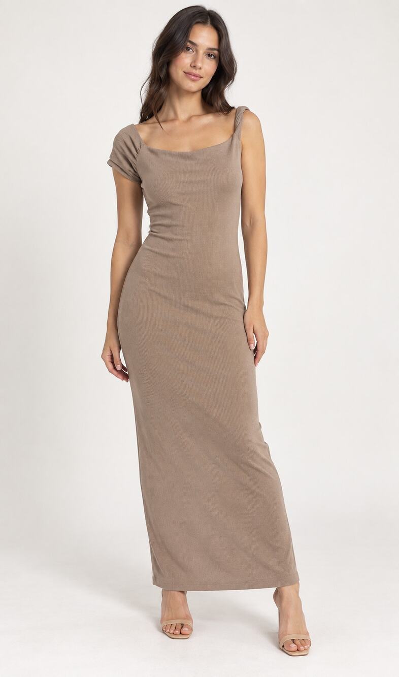 Third Form Intertwined Off Shoulder Ribbed Maxi Dress Taupe US 6